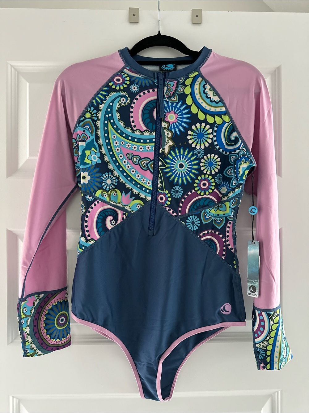 Wave Life Long Sleeve One-Piece Swim Suit - Pink Multicolor Paisley, Size XL
